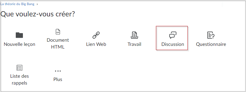 L'option Discussion de la page Que voulez-vous créer?