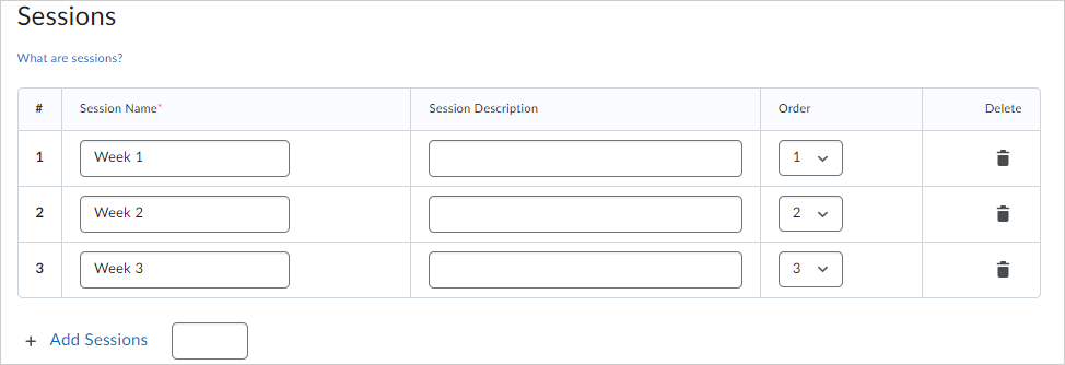 Het gedeelte Sessies van de pagina Nieuw register.