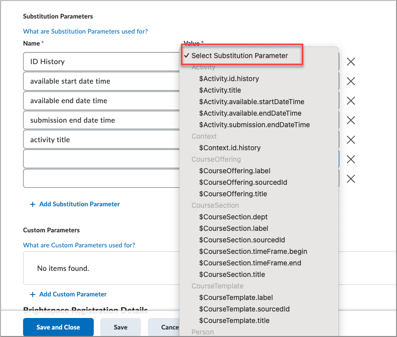 Interface voor selectie van LTI-substitutieparameters met het vervolgkeuzemenu met de nieuwe parameters.