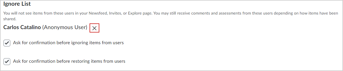 The Restore Items icon of Ignore List area in ePortfolio settings.