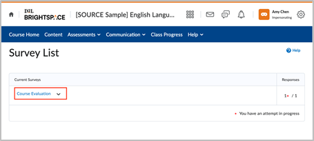 The Survey List page showing available surveys under the Current Surveys list.