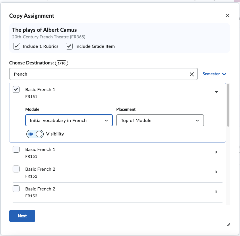 The Copy Assignment dialog with course destinations