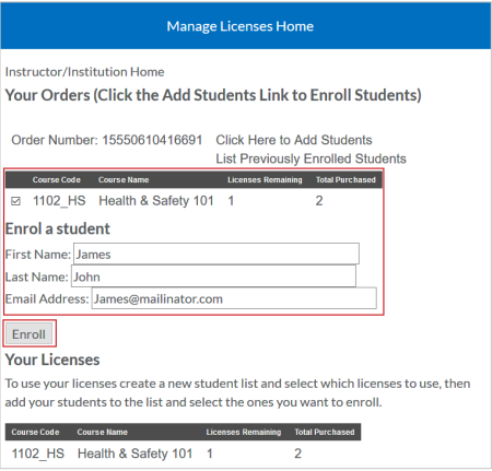 The Enrol a student fields with the Enroll button below