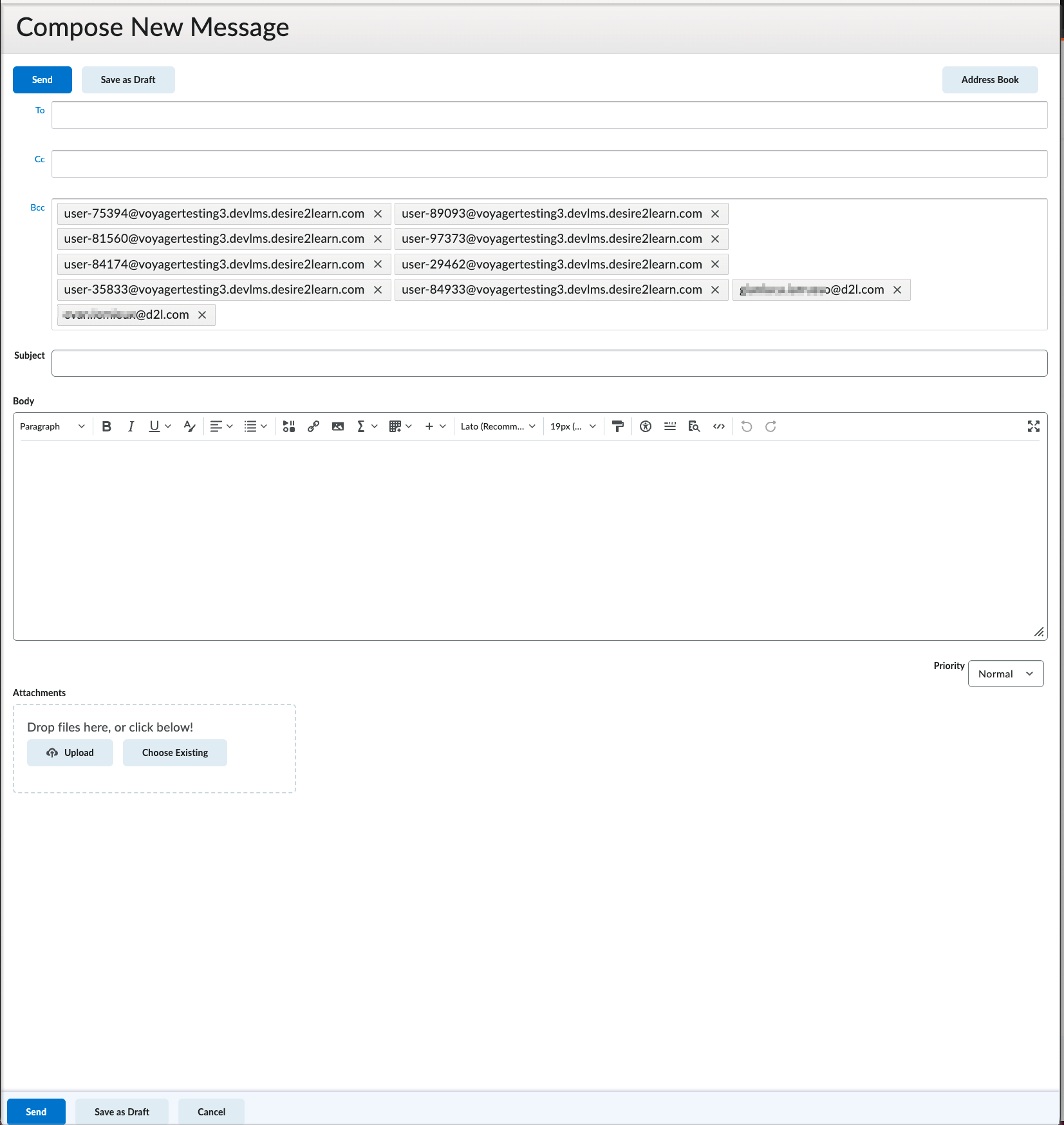 Janela Compor mensagem com todos os destinatários adicionados ao Cco depois de clicar em Enviar e-mail para todos os pais e responsáveis