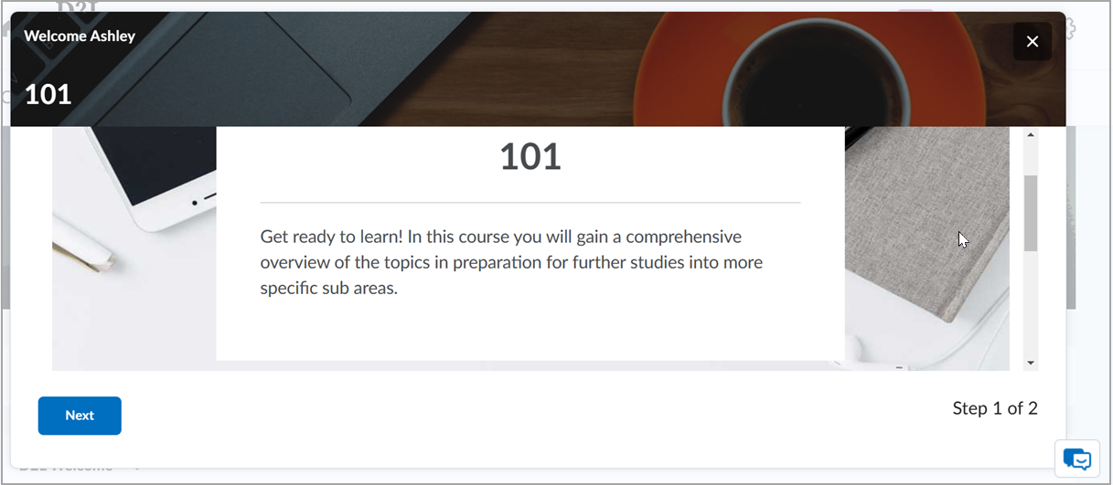 Componente personalizado que muestra un mensaje de bienvenida y una descripción general del curso en la página de contenido, con el botón siguiente para los estudiantes.