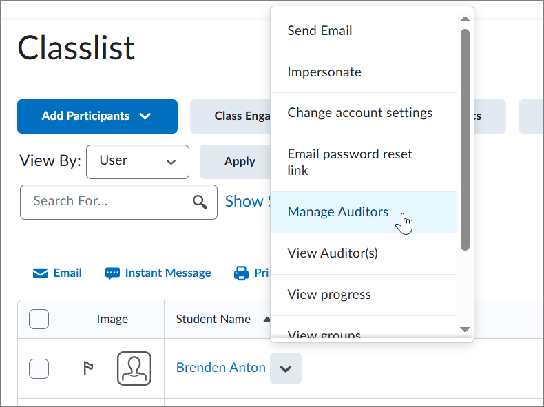 An example of a Classlist with the context menu open and the cursor highlighting the Manage Auditors option.