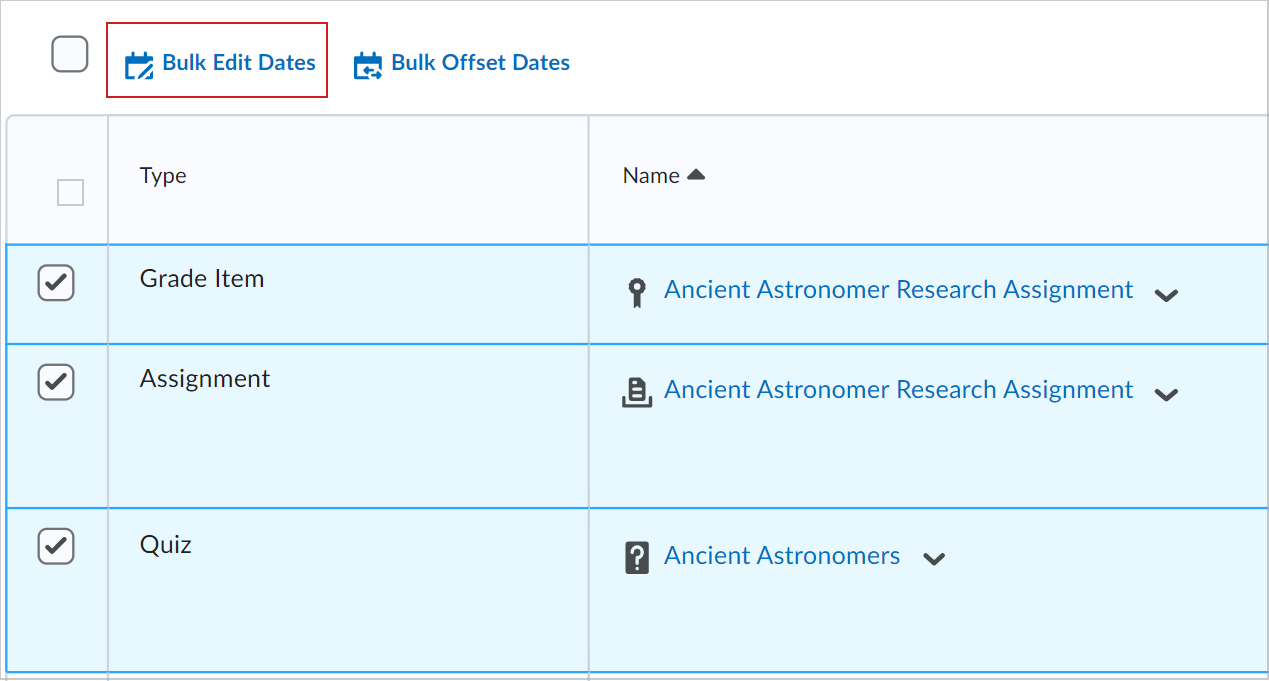 L'option Modifier les dates en bloc de la page Gérer les dates.