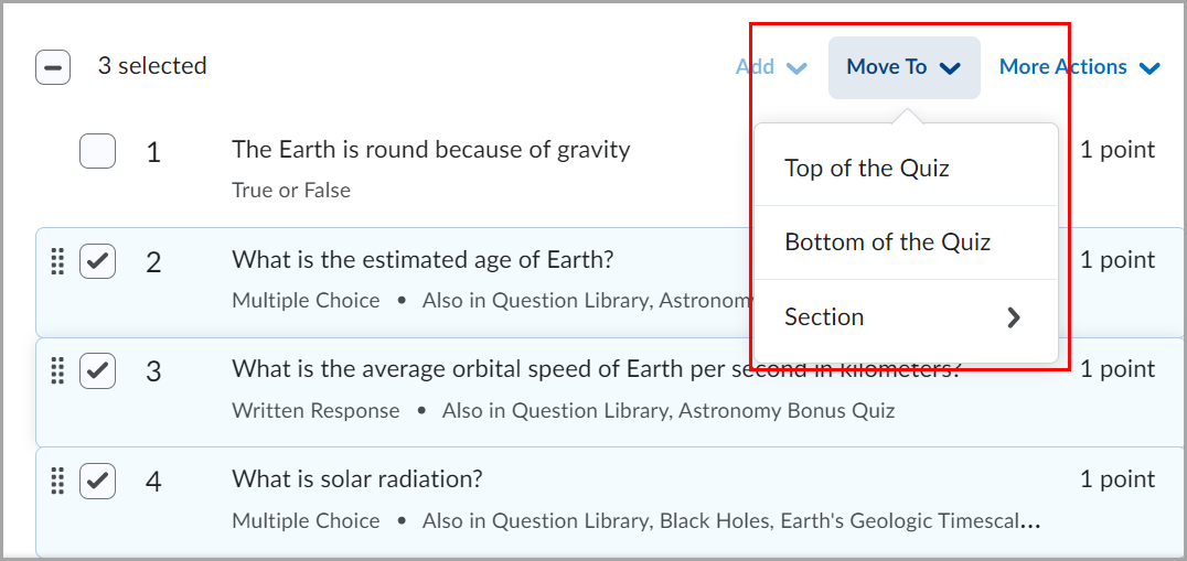 Perguntas selecionadas do questionário com um menu suspenso Mover para mostrando opções: Parte superior do questionário, Parte inferior do questionário e Seção