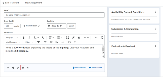 La página Nueva Asignación con el ícono Adjuntar desde Google Drive resaltado.