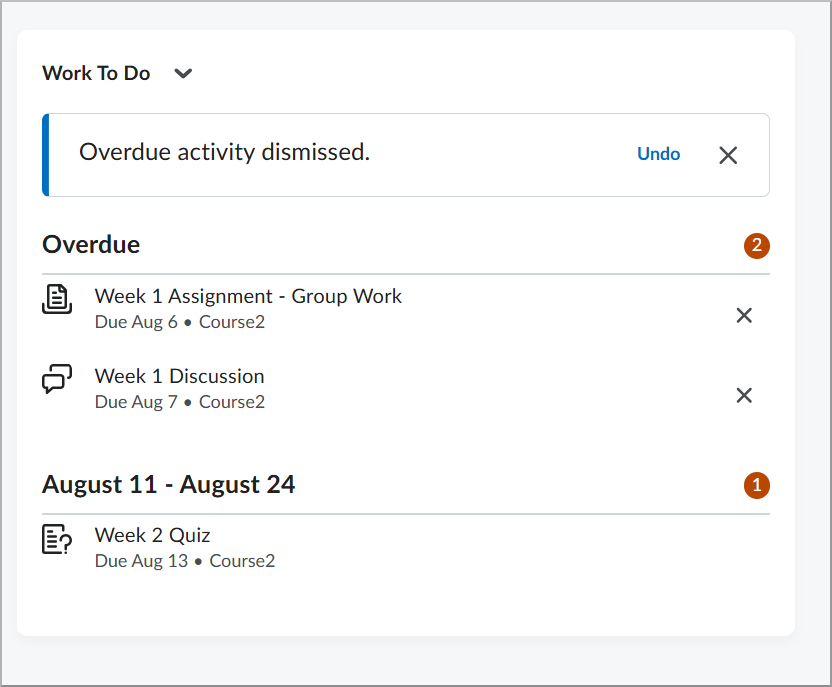 The Work To Do widget showing an Undo option after an overdue activity is dismissed.