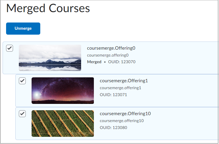 Clear the checkboxes to unmerge courses. If you clear the parent course into which the other courses are merged, all courses are unmerged