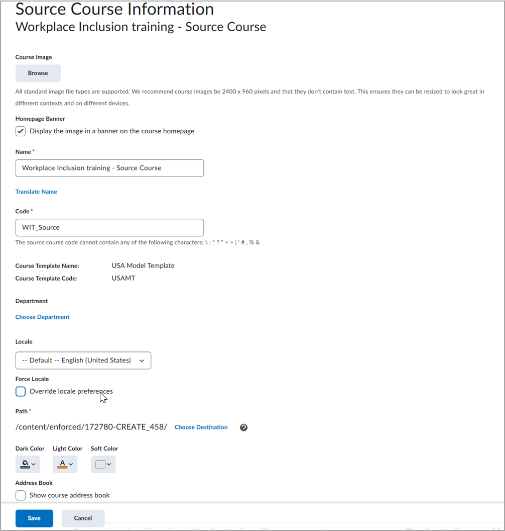 The full Source Course Information page displays all fields