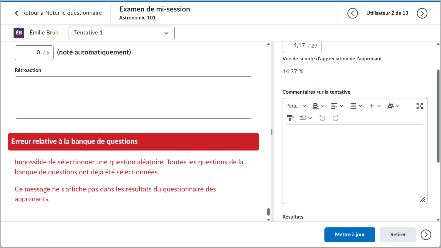 La vue Notation comportant le message Erreur relative à la banque de questions, avec les bonnes réponses et des réponses sélectionnées pour une question du questionnaire.