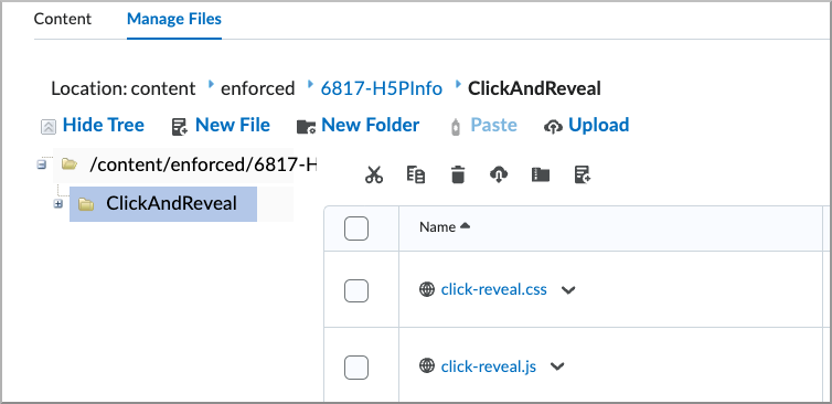 La página Administrar archivos muestra una carpeta a nivel de curso que contiene archivos CSS y JavaScript cargados para un componente personalizado.