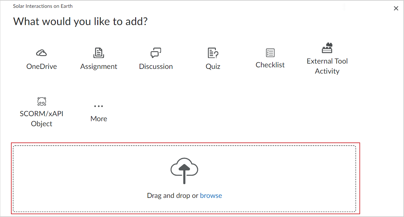 A página O que você quer adicionar? mostrando a seção de arrastar e soltar para arquivos