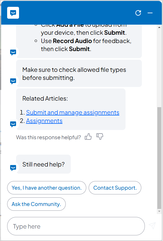 Des articles suggérés et les options de communiquer avec le service de soutien, de poser une autre question et de poser des questions dans la Communauté