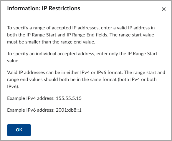 Information dialog explaining how to enter valid IP ranges for quiz access.