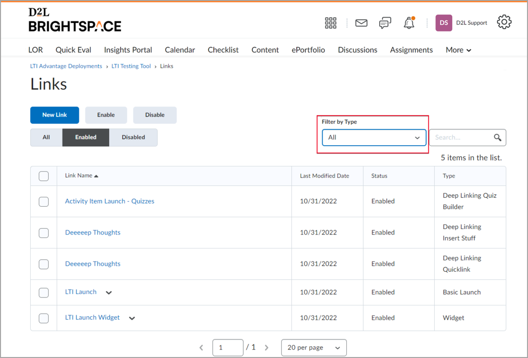 L'option Filtrer par type de la page Liens.