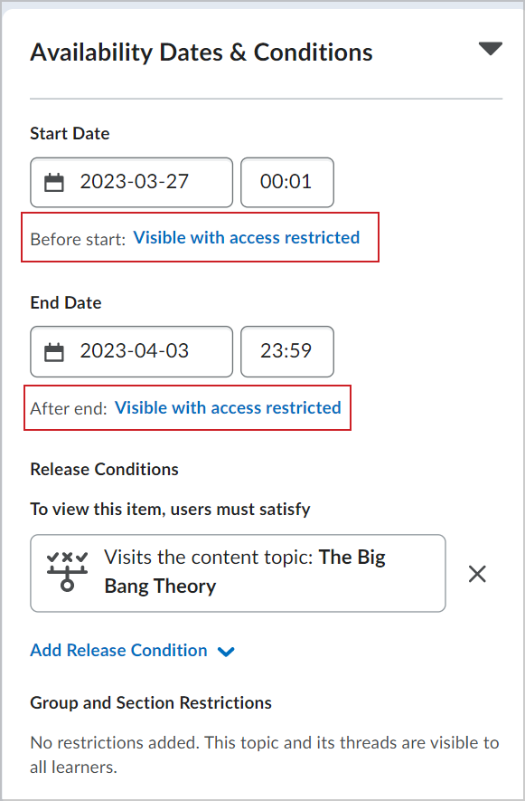 Os botões de opção de bloqueio no menu sanfonado Datas e condições de disponibilidade.