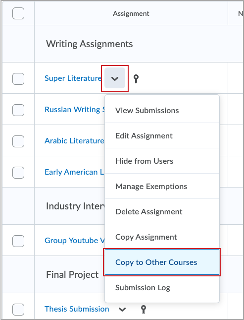 The Copy to Other Courses appears on the context menu for the assignment