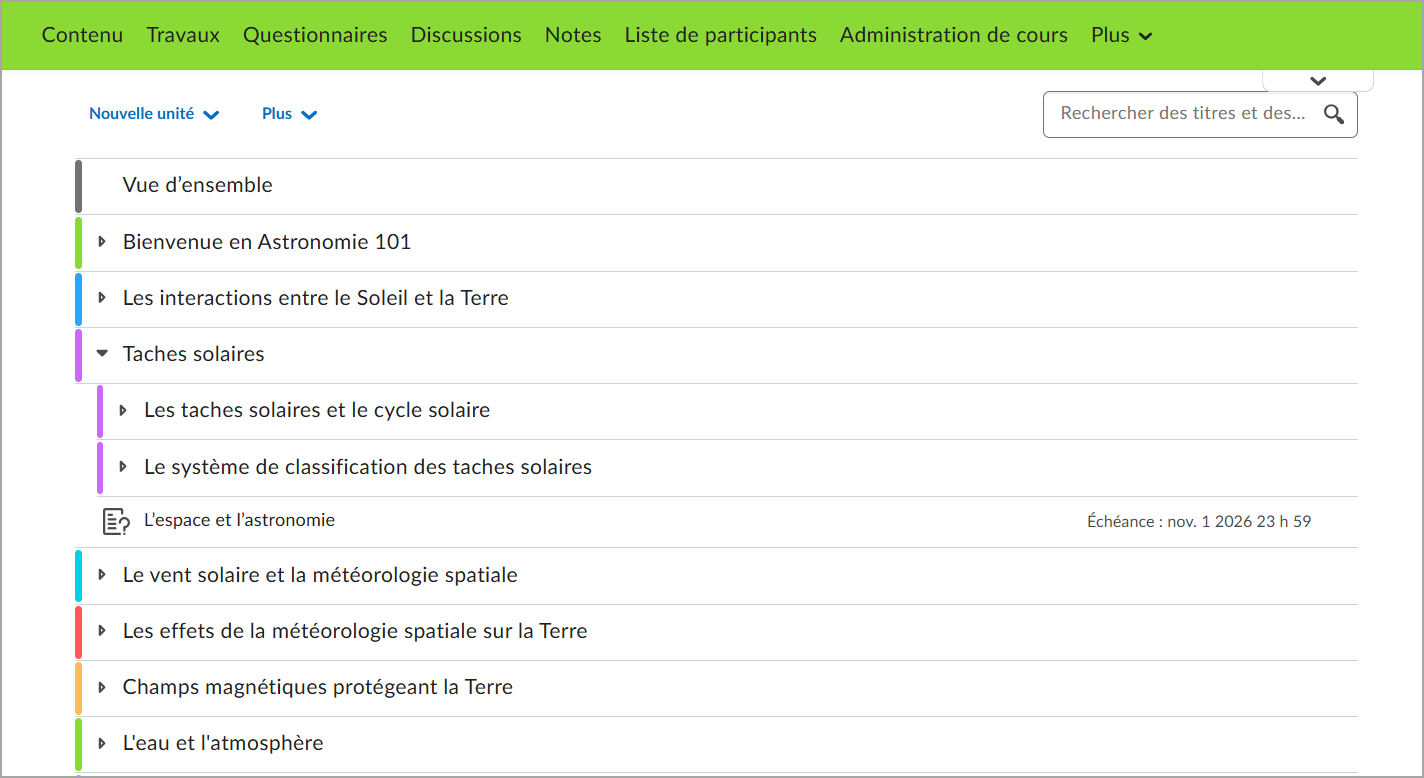 Table des matières présentant les modules et sujets hebdomadaires en mode plein écran de l'instructeur