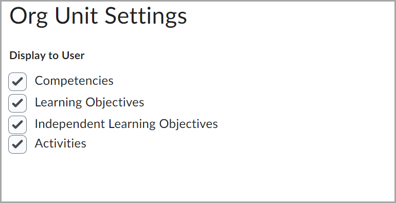 Org Unit Settings for Display to User with four check boxes, all selected: Competencies, Learning Objectives, Independent Learning Objectives, and Activities