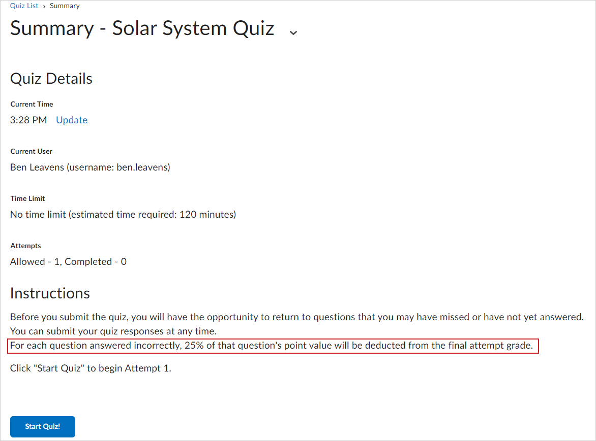 A statement notifying a user that negative grading is enabled for a quiz.