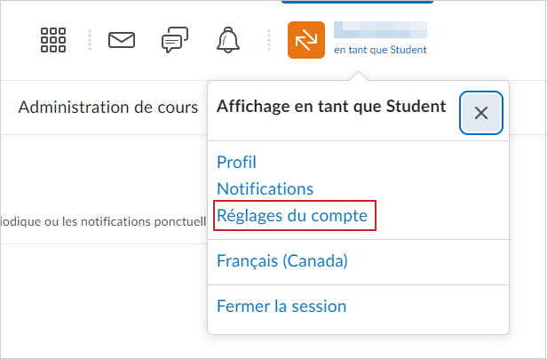 L'option Paramètres du compte du menu de l'utilisateur.