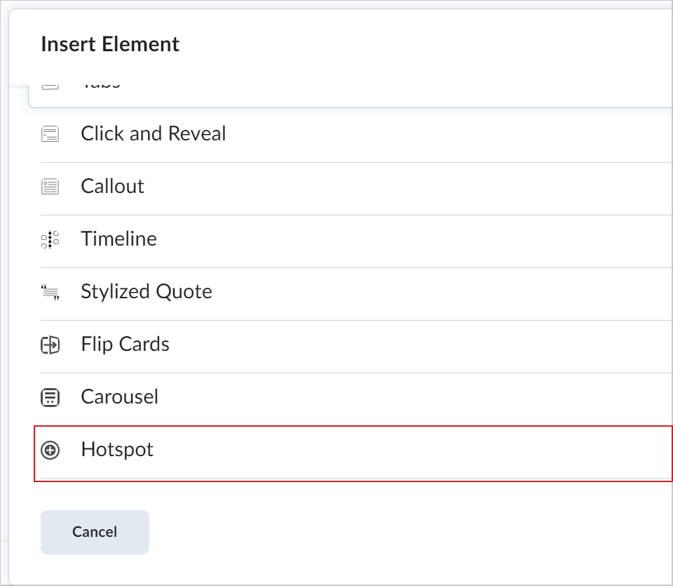 The Hotspot tool highlighted in the Insert Element dialog