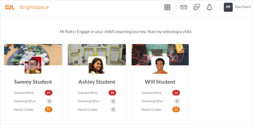 The learner selector page in the Brightspace Parent & Guardian web application