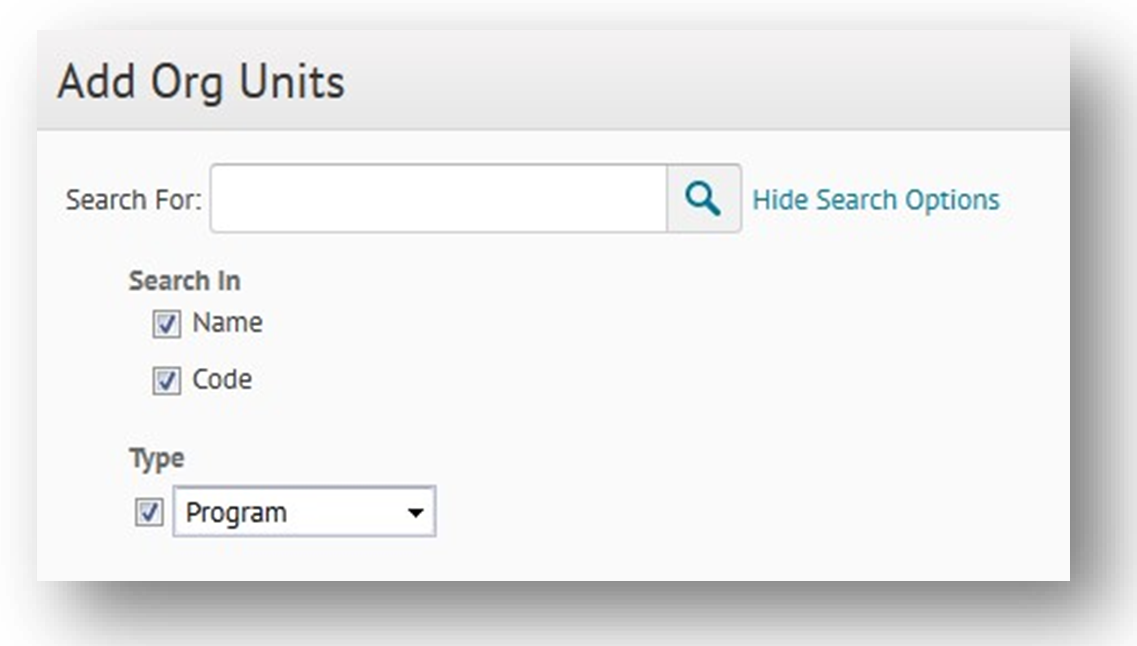 Zoekparameters voor 'Organisatie-eenheden toevoegen'.