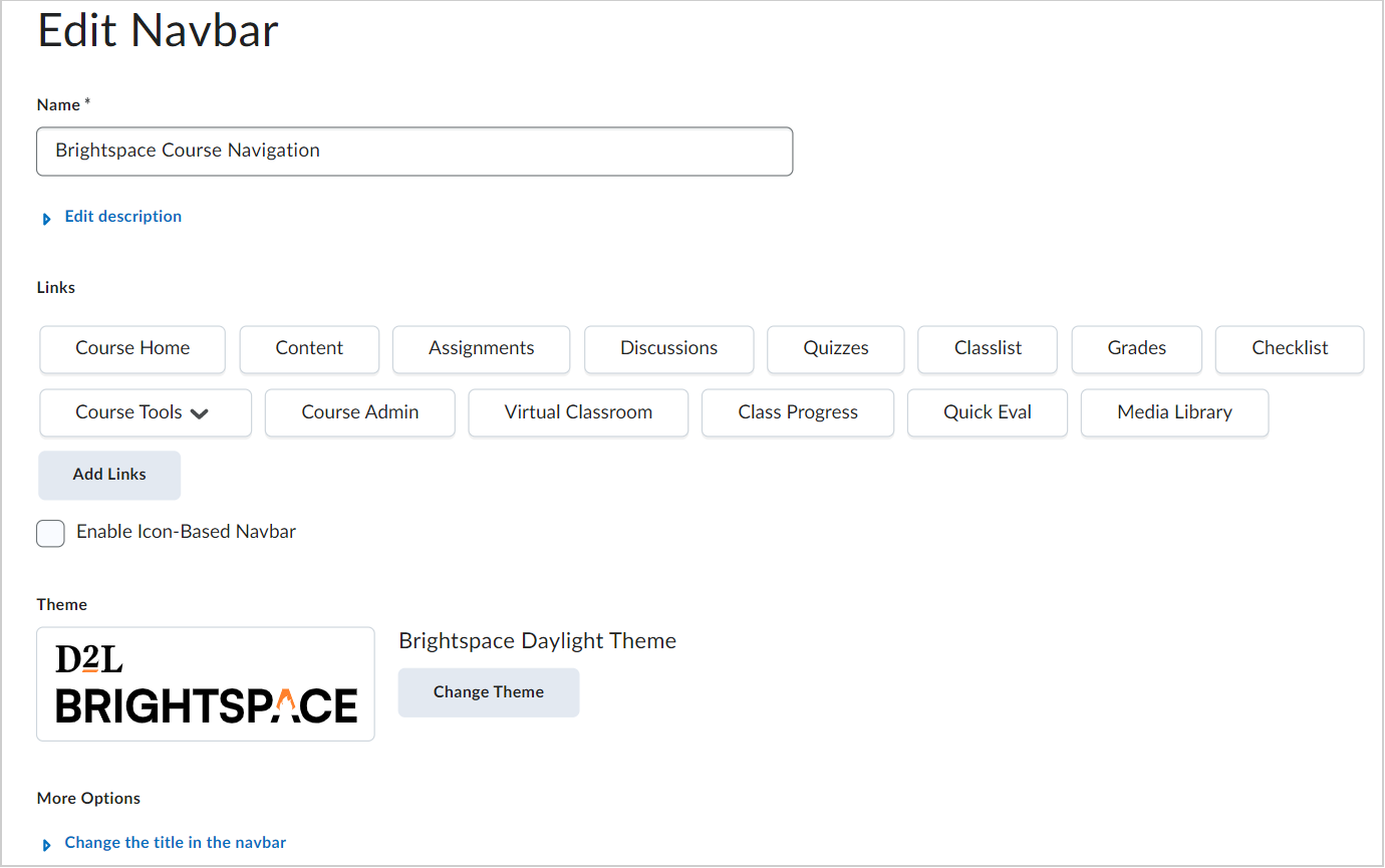 The Edit Navbar page displaying the different options for customizing a navbar.