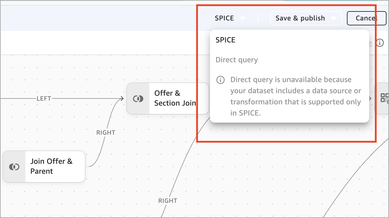 Zoekmodus detector geopend met SPICE geselecteerd en Direct query niet selecteerbaar. In het onderstaande waarschuwingsbericht staat: Directe query is niet beschikbaar omdat uw gegevensset een gegevensbron of transformatie bevat die alleen in SPICE wordt ondersteund.