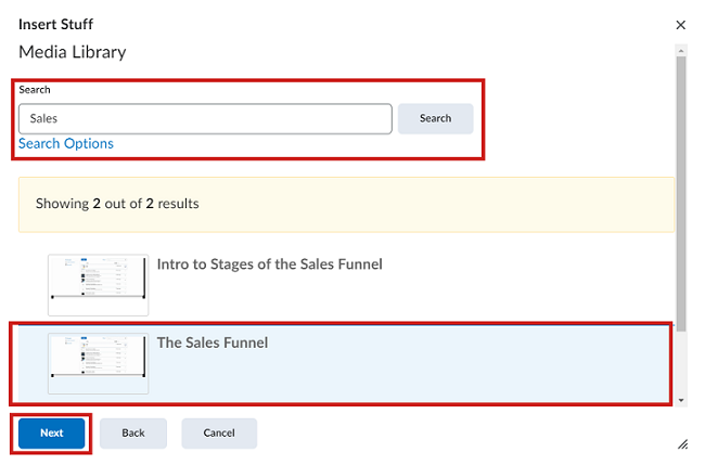 The Insert Stuff search page showing the Search field and Search Options with displayed search results.