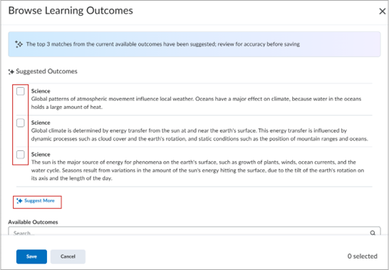 Browse Learning Outcomes screen with the Suggested outcomes that can be selected.