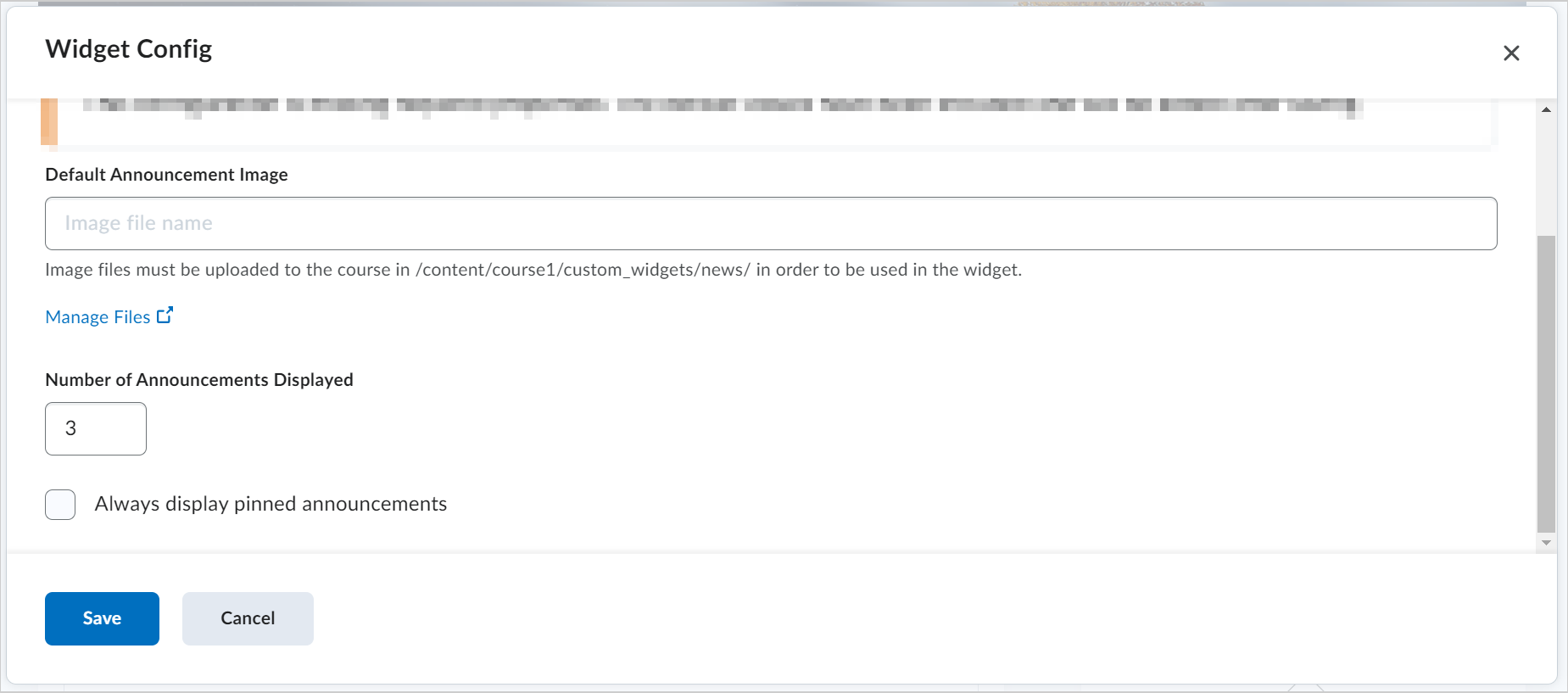 The Widget Config dialog showing the options to add a default image, set a maximum number of displayed announcements, and the check box to always display pinned announcements