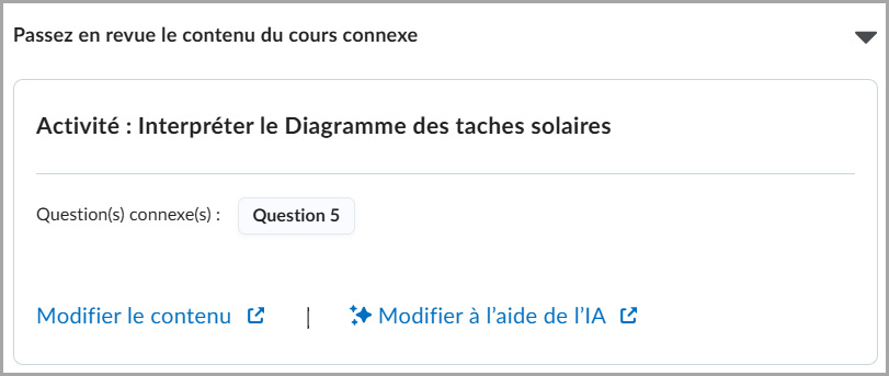L’intervention sur le contenu recommandant l’examen d’une activité de cours associée.