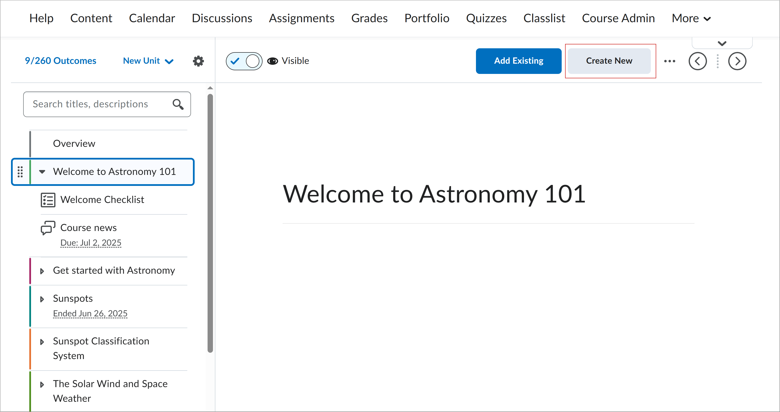 The course content screen while the modules listed and the Create new button highlighted.