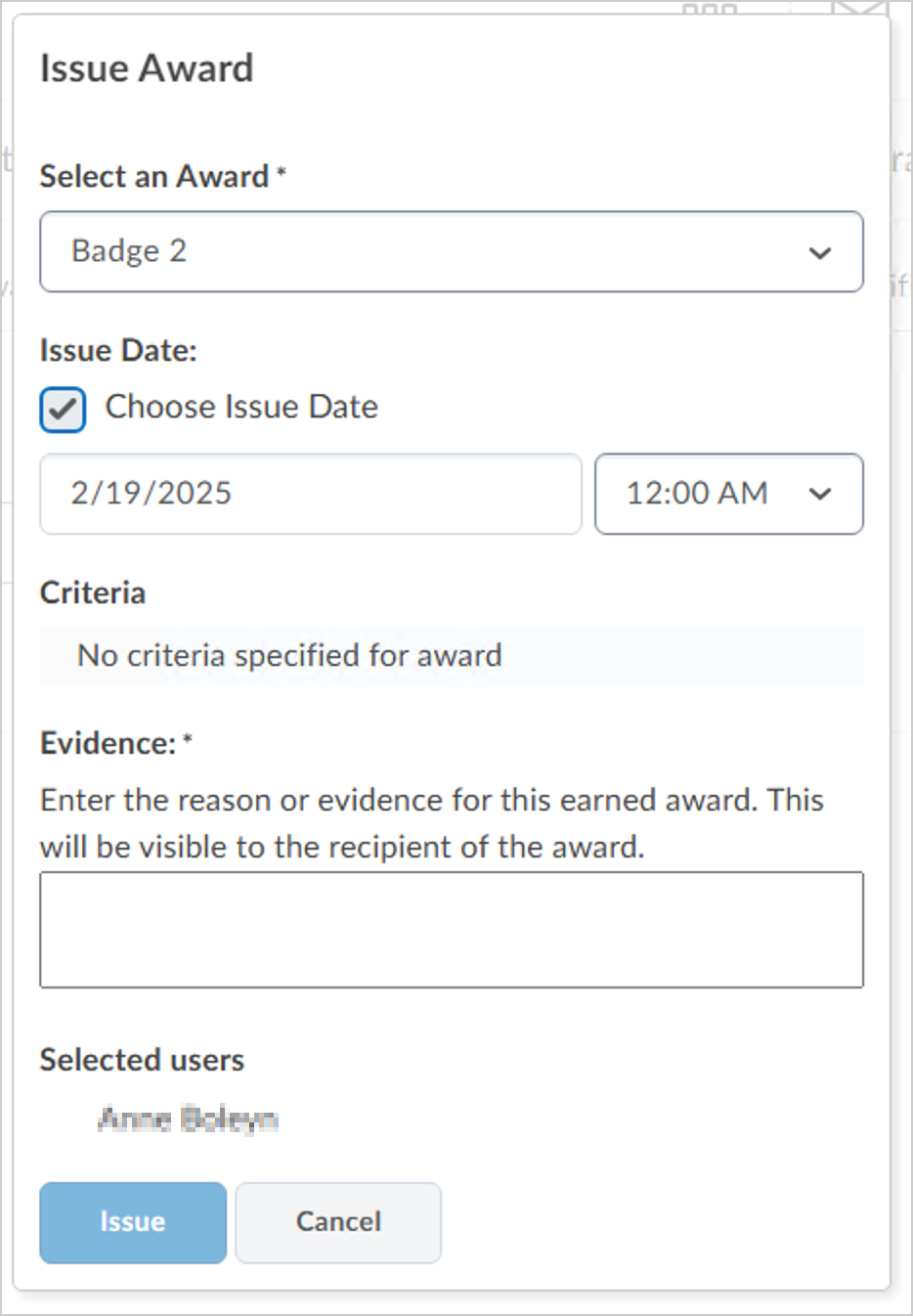 Issue Award dialog with fields to select an award, set an issue date, provide evidence, and confirm selected users.