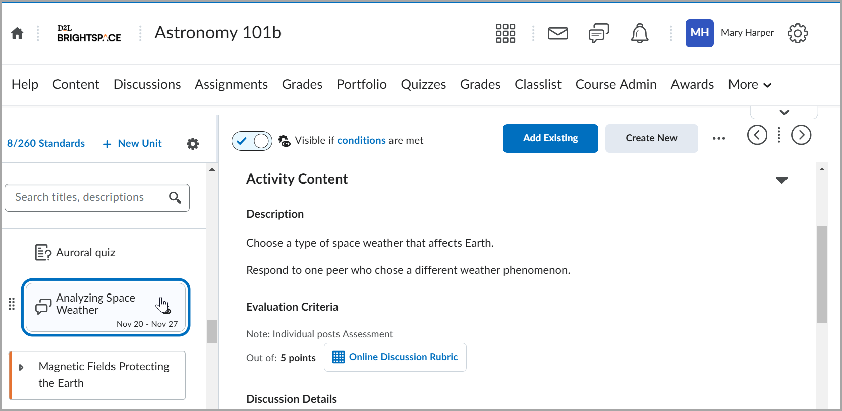 A discussion activity in Content showing the details for an activity and Completion Summary for each learner