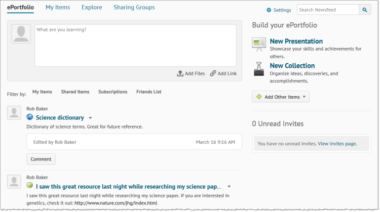 Brightspace ePortfolio dashboard page