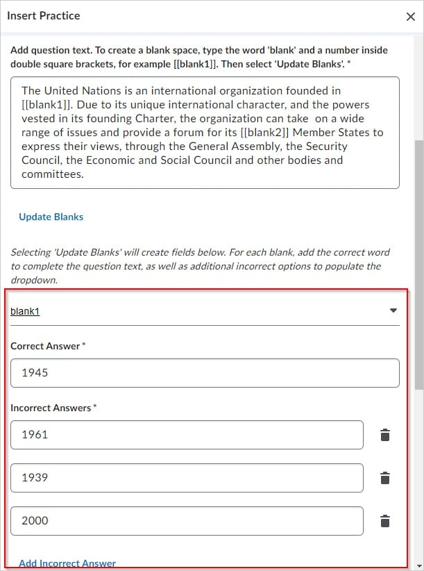 An example of correct and incorrect answers