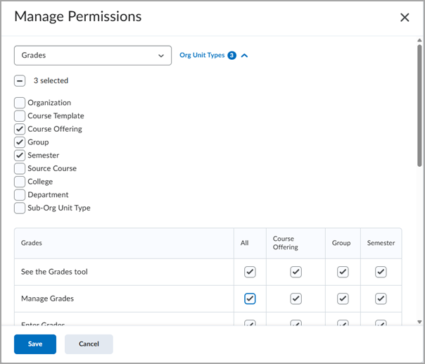 Options for managing permissions for a Service User Manage permissions for a Service User