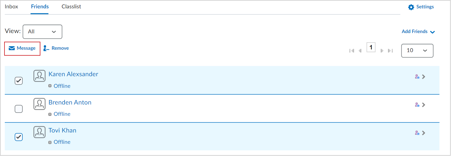Geselecteerde gebruikers op het tabblad Vrienden met de knop Bericht gemarkeerd.