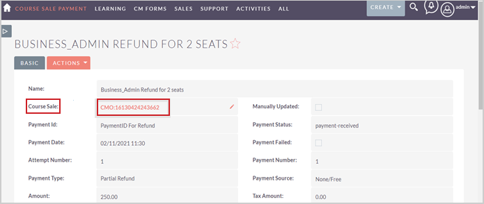 The Course Sale field with a link to the refund