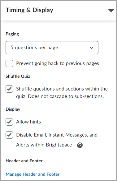 Configurações de exibição e paginação de um questionário