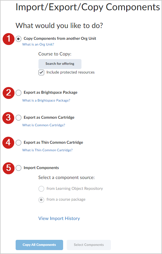 The Import/Export/ Copy Components page.