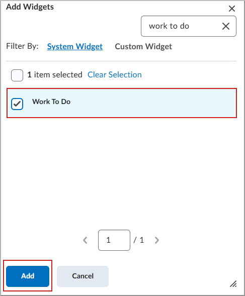 Het scherm Widgets toevoegen waarop de optie Work to Do is geselecteerd.