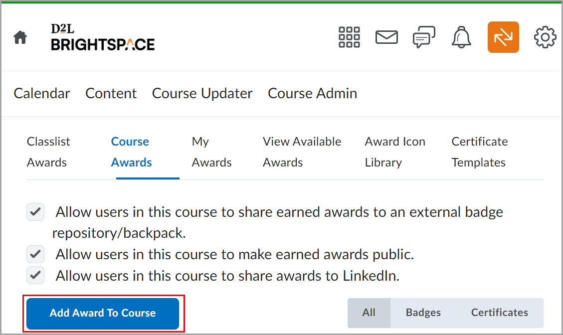 The Add Award to Course button