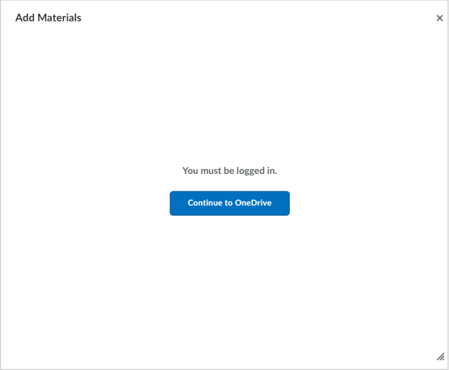 Caixa de diálogo Adicionar materiais solicitando que os usuários façam login no OneDrive.